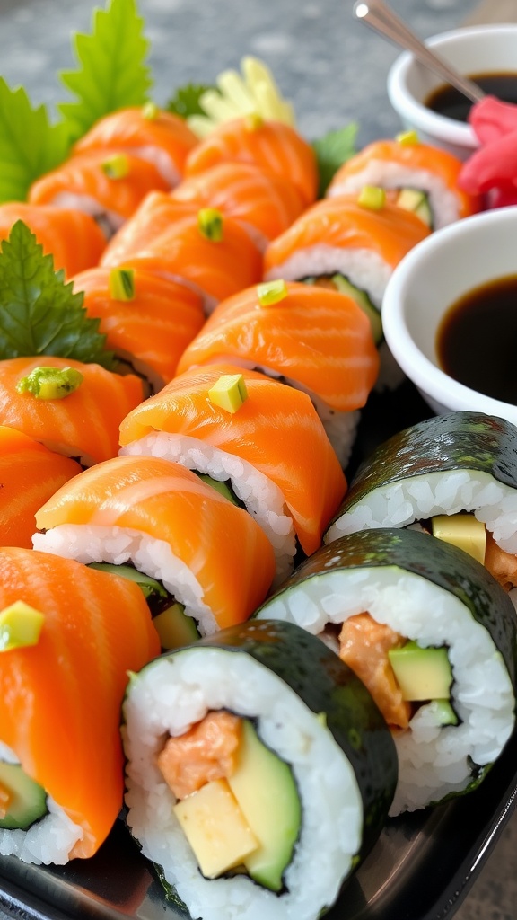 A colorful assortment of sushi rolls with salmon, avocado, and cucumber on a platter, served with wasabi and soy sauce.